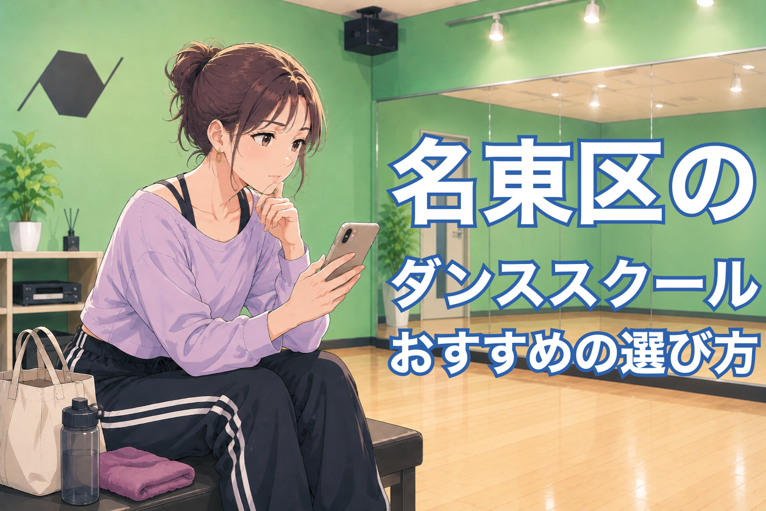 緑色の壁のダンススタジオで、30代女性がスマホを見ながらダンススクールを比較検討している様子。初心者向けの落ち着いた雰囲気。