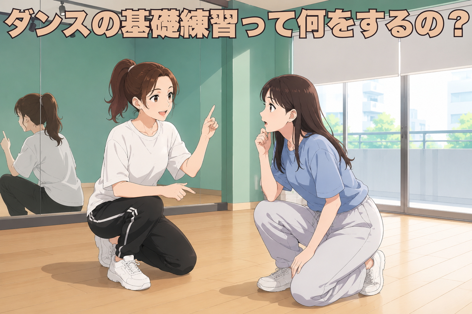 NAYUTAS藤が丘校のダンスルームで基礎練習についてマンツーマンで教わる女性2人のイラスト
