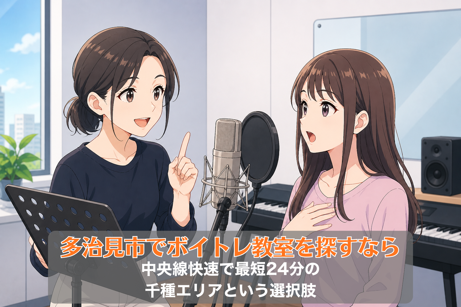 女性講師がマンツーマンで20代女性にボイストレーニングを行い、マイクの前で発声指導している様子