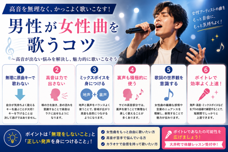 【大井町ボイトレ】男性が女性曲を歌うコツとは？｜高音を無理なく歌いこなす方法