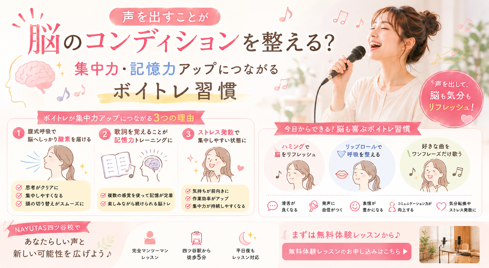 🧠声を出すことが脳のコンディションを整える？集中力・記憶力アップにつながるボイトレ習慣｜NAYUTAS四ツ谷校
