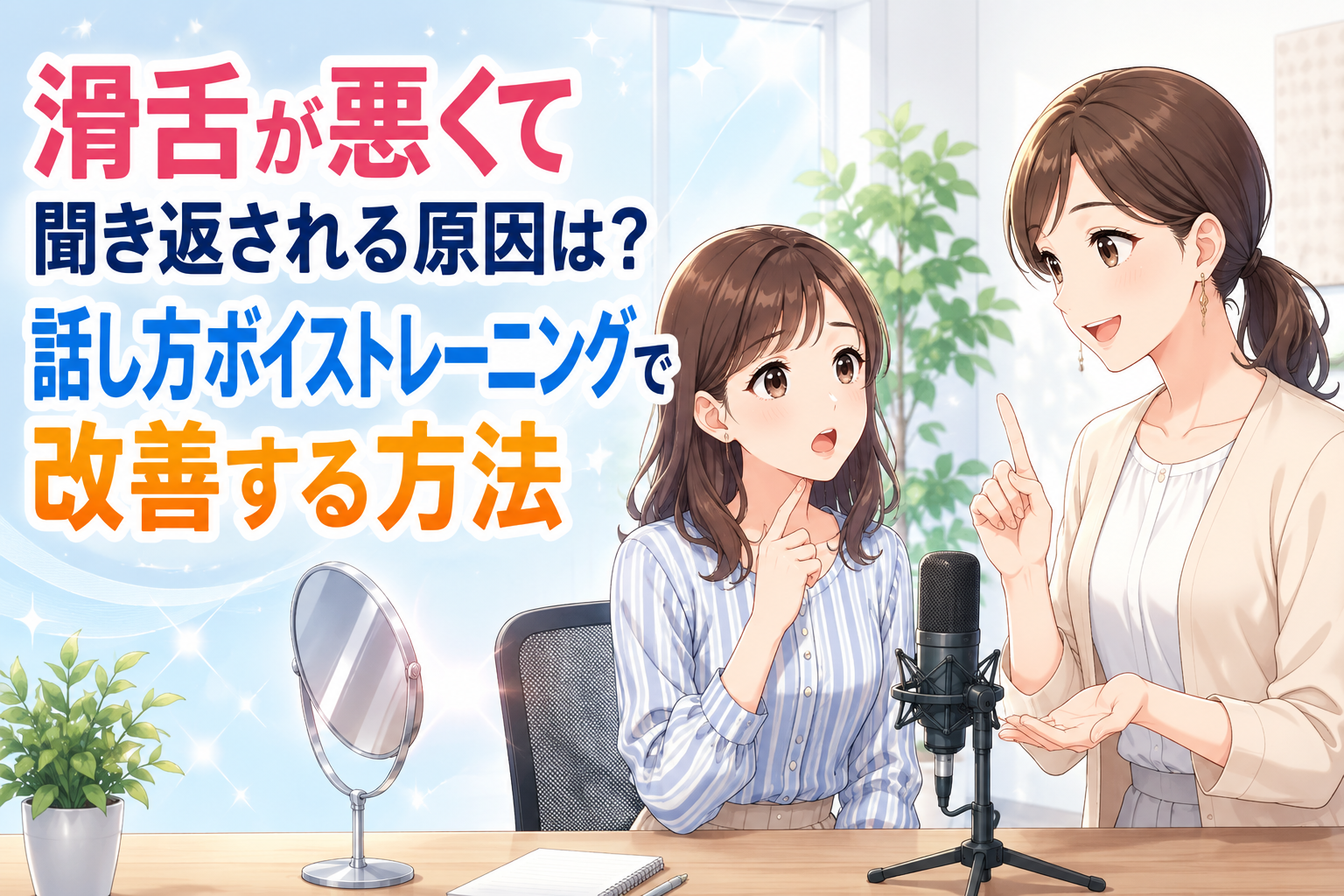 明るい教室で、青と白のストライプシャツを着た女性が喉元に指を当て、クリーム色の服を着た先生からマイクと鏡を使って滑舌や話し方のボイストレーニングを受ける千種校のレッスン
