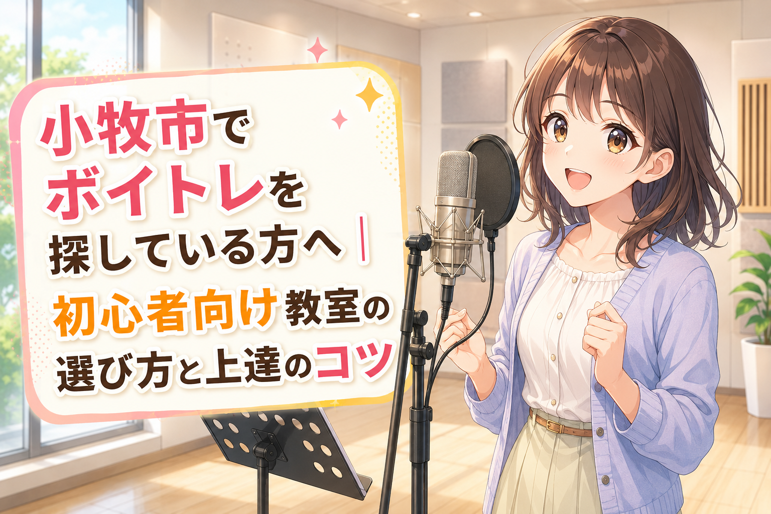 明るいボーカルスタジオで、白いブラウスと淡い紫のカーディガンを着た女性が、笑顔でマイクに向かって歌う千種校の小牧市 ボイトレ記事