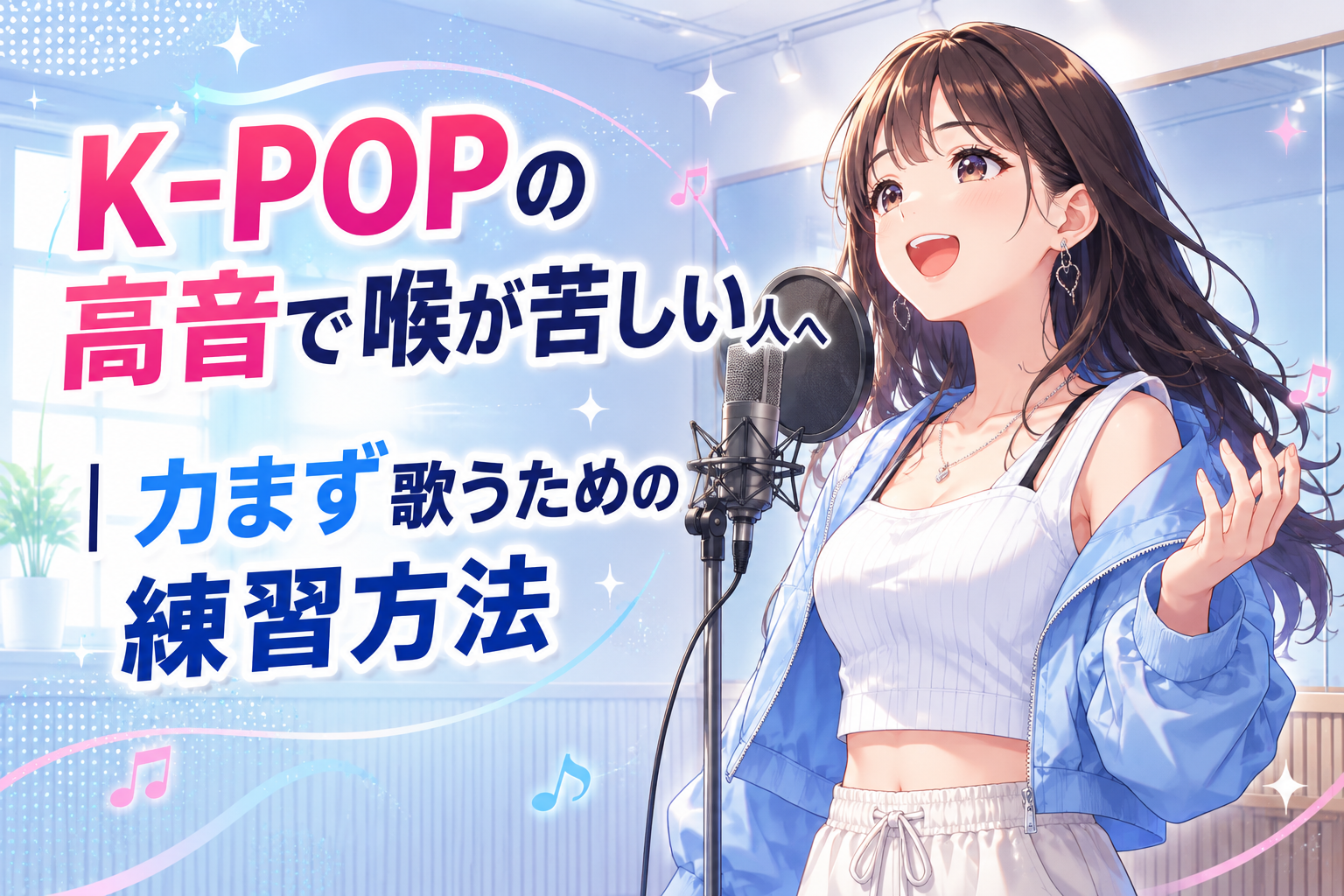 明るいボーカルスタジオで、白いトップスと水色のジャケットを着た女性が、マイクの前で笑顔で歌う藤が丘校のK-POP 高音練習記事