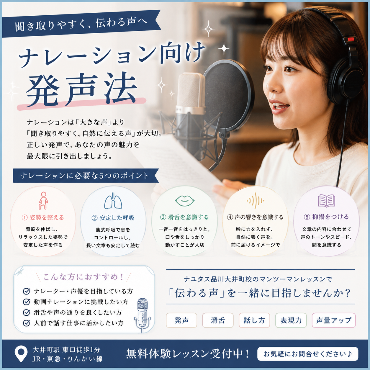 【大井町ボイトレ】ナレーション向け発声法とは？聞き取りやすく伝わる声を作るポイント