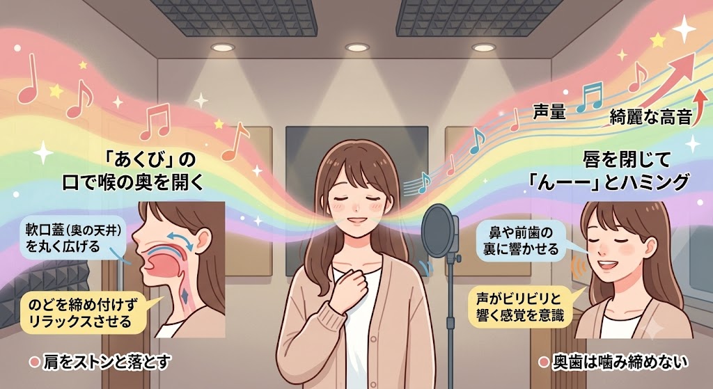 人前での緊張をほぐし、のどを痛めず伸びやかに歌う