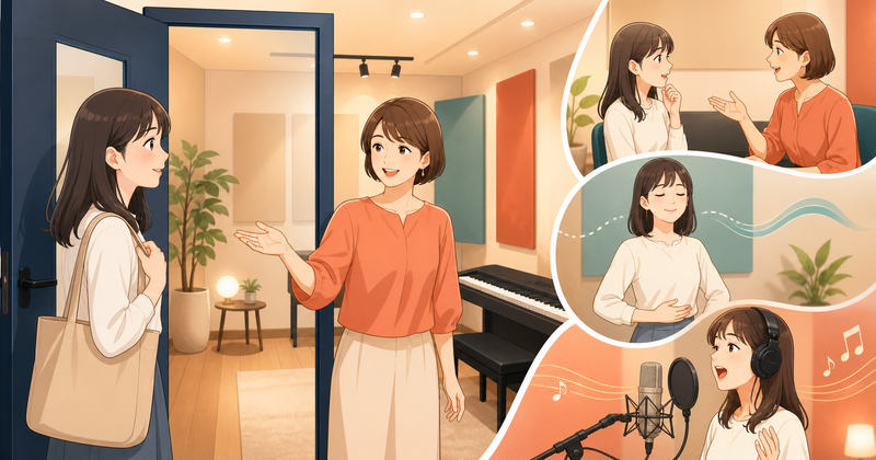 ボイトレ初心者が講師との相談、呼吸練習、歌唱練習を体験するイラスト