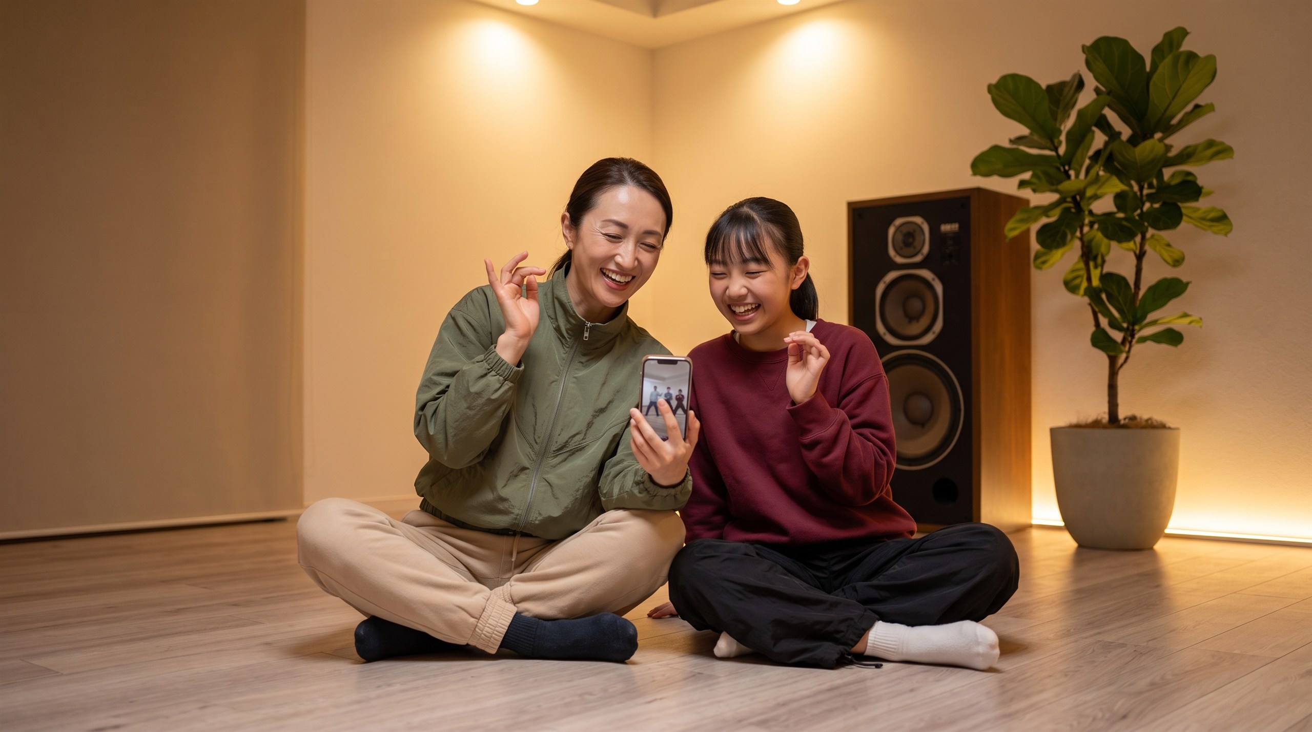 スマートフォンの動画で振り付けを確かめながら笑い合う生徒と講師