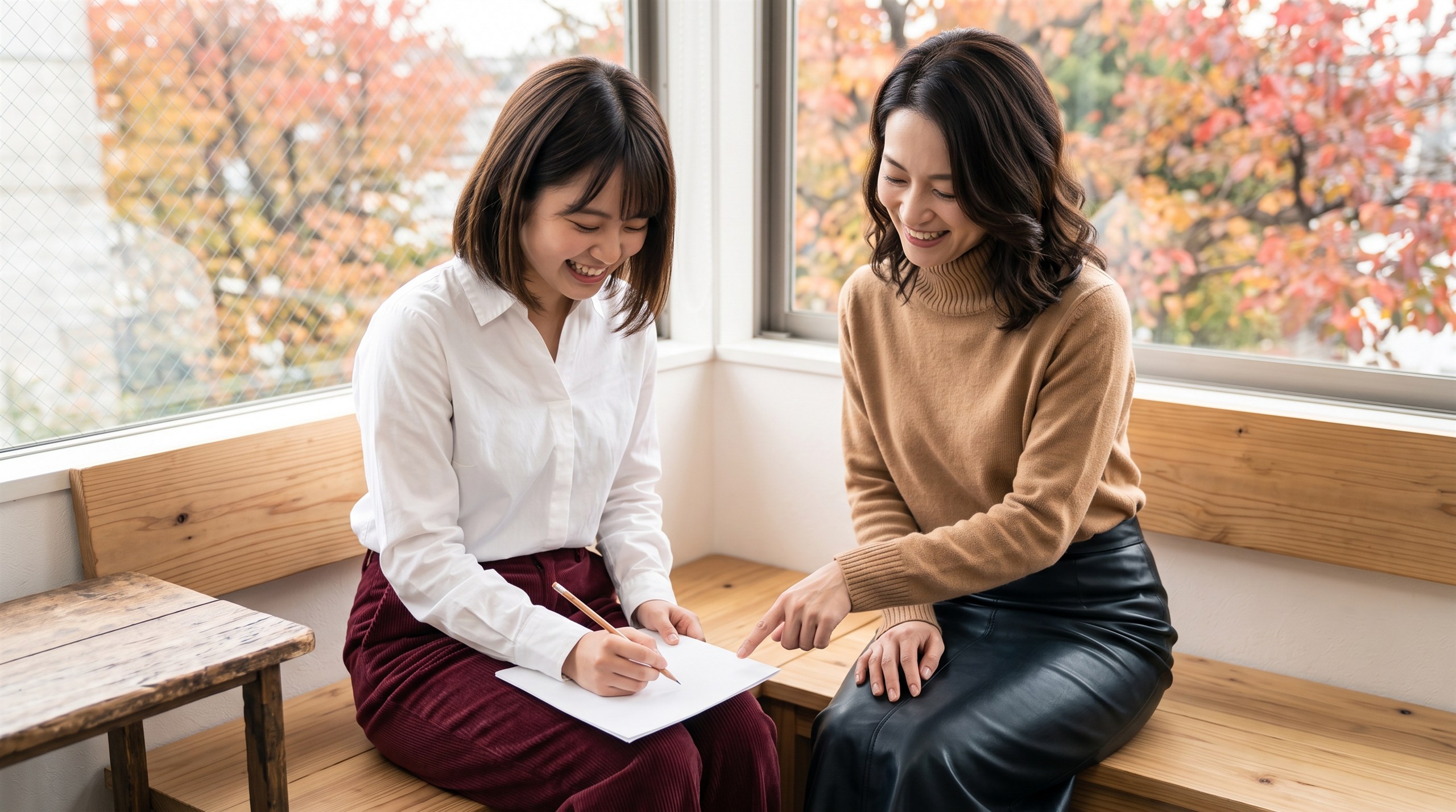 窓辺のベンチで歌詞カードに息継ぎの印をつける生徒と講師