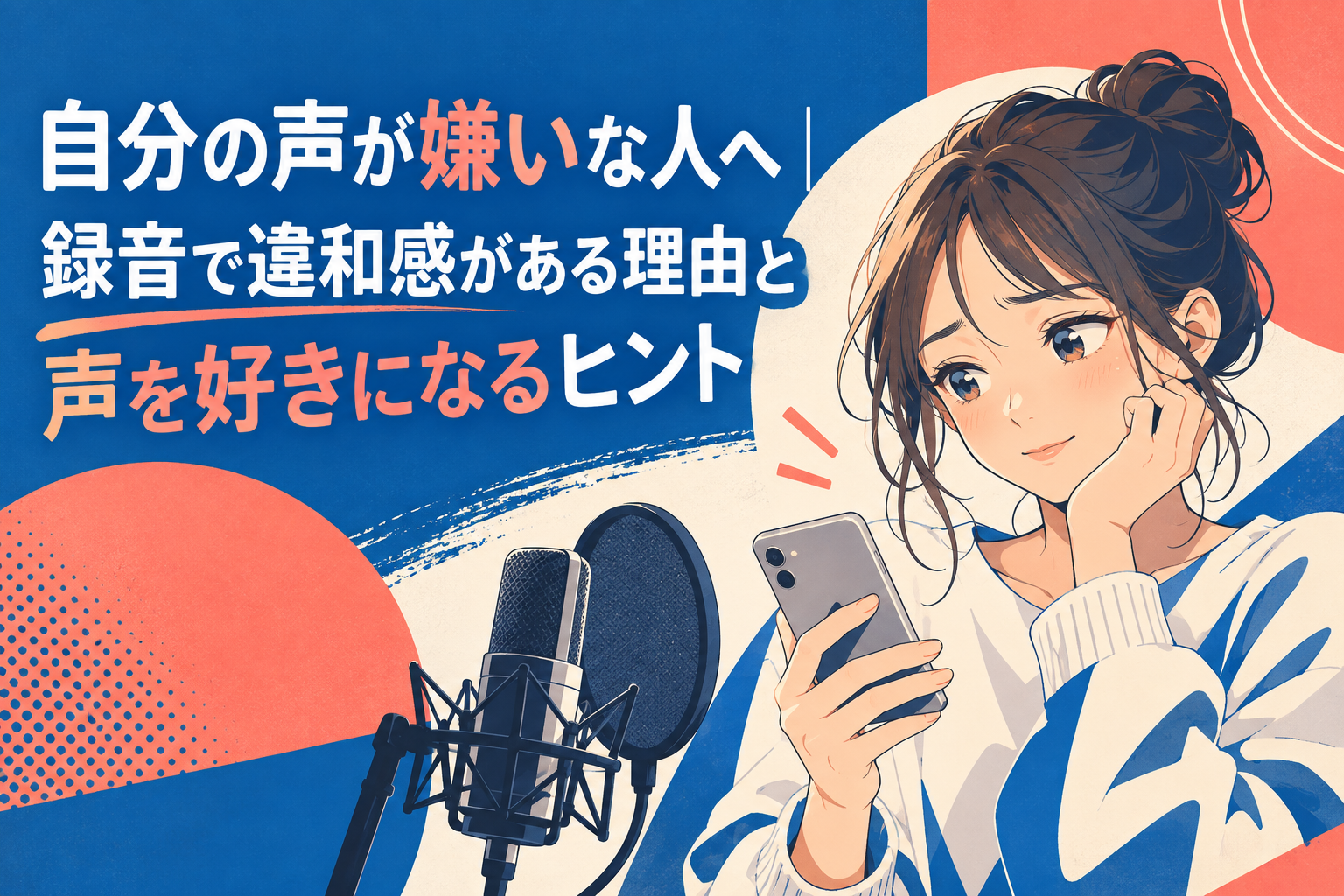 NAYUTAS藤が丘校の「自分の声 嫌い」をテーマに、白いニットを着た女性がスマートフォンを見ながら少し戸惑った表情を浮かべ、マイクとポップガードの前で録音した自分の声を確認している様子