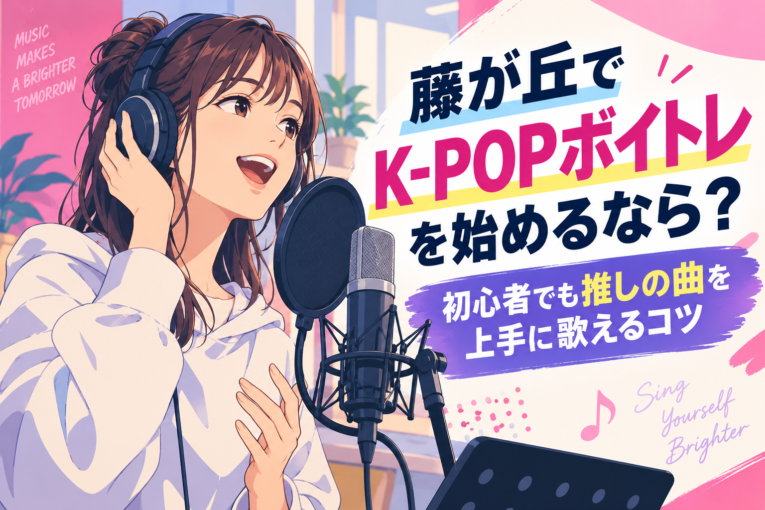 藤が丘 K-POP ボイトレをテーマに、明るいスタジオで白い服の女性がヘッドホンを片耳に当て、笑顔でマイクに向かって歌うNAYUTAS藤が丘校の記事ビジュアル