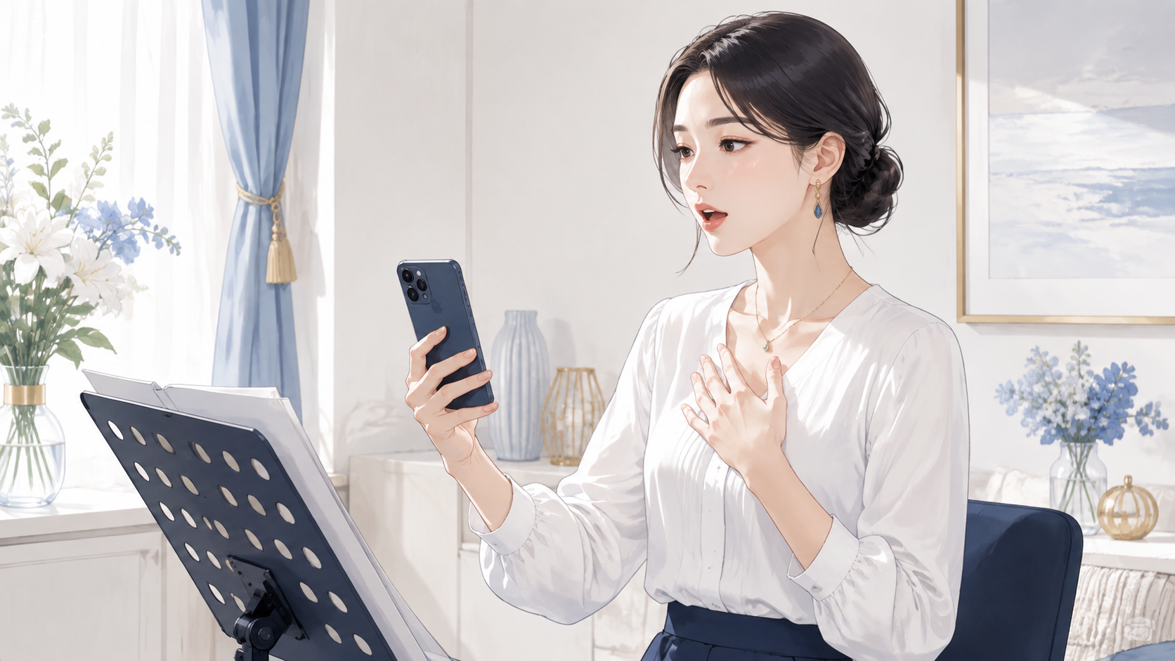 姫路校で短いフレーズを録音して声を確認する練習のイメージ