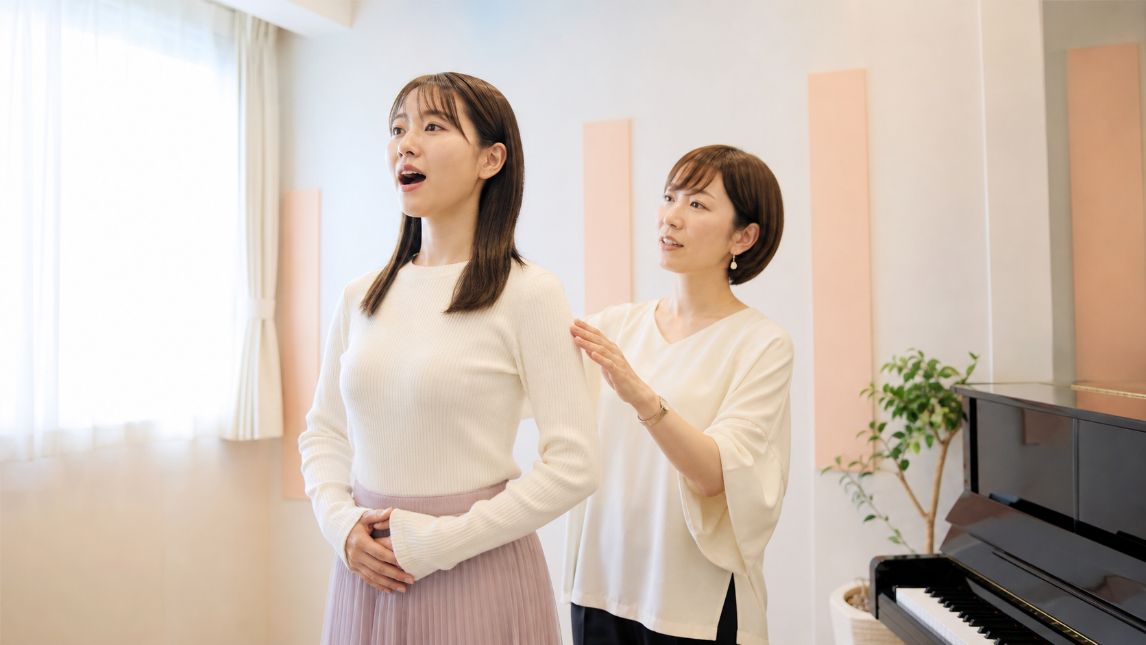 岡山校で姿勢と呼吸を整えるボイストレーニングのイメージ