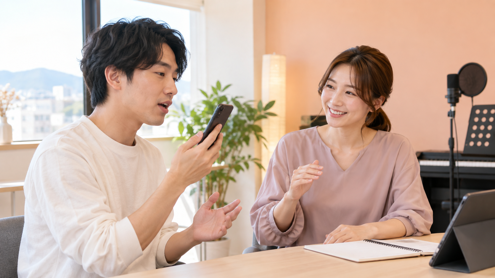 岡山校 滑舌練習 録音して話す速度を確認する様子