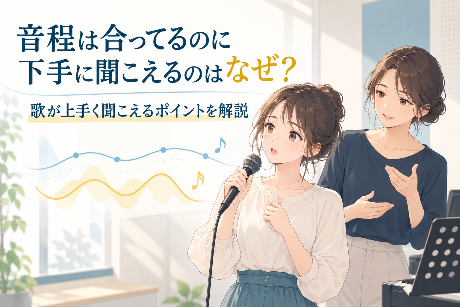 NAYUTAS藤が丘校の「音程 合ってるのに下手」をテーマに、白いブラウスの女性がマイクで歌い、後ろで紺色のトップスの講師がやさしく指導している明るいレッスン風景